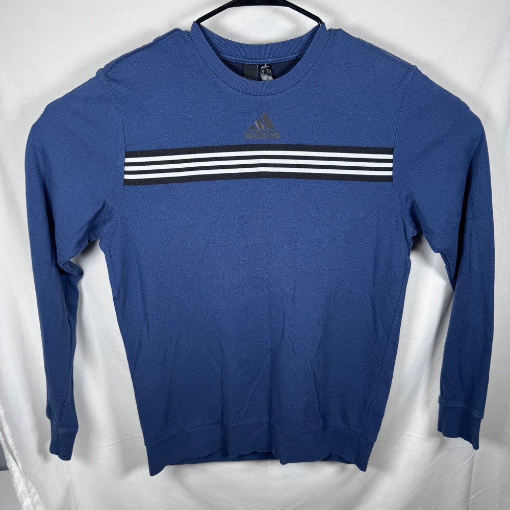 Adidas Sweatshirt Mens Medium Blue Stripe Logo Crewneck Pullover